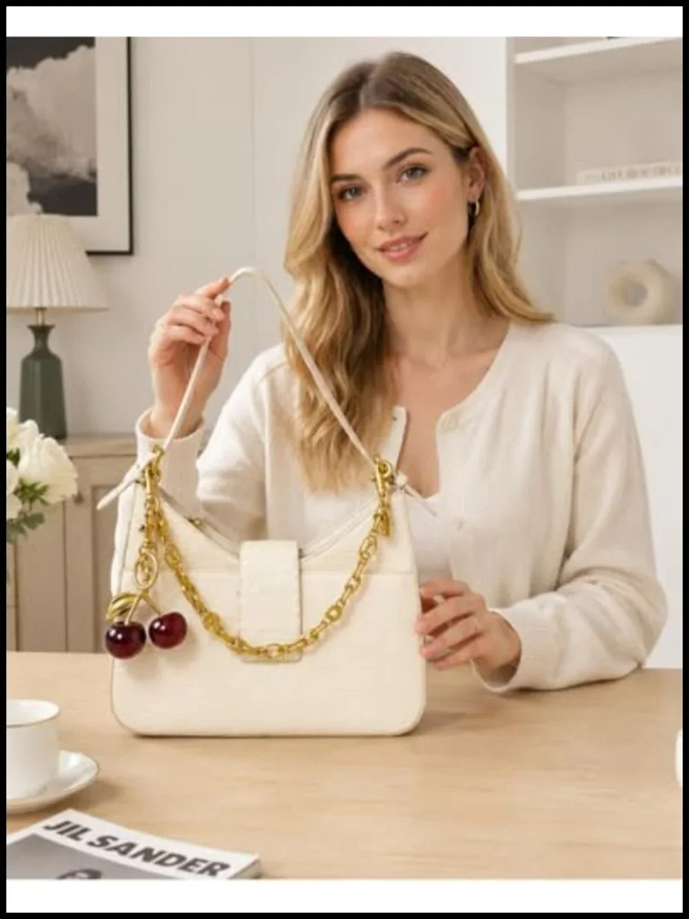 Gold Bag Charm Chain with Cherry Pendant, Purse Keychain, Extender Strap for